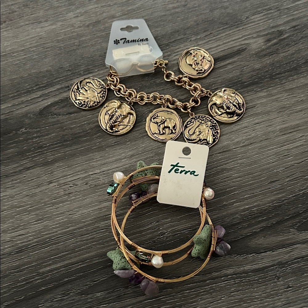Gold Charm Bracelet and Beaded Bangle Set
